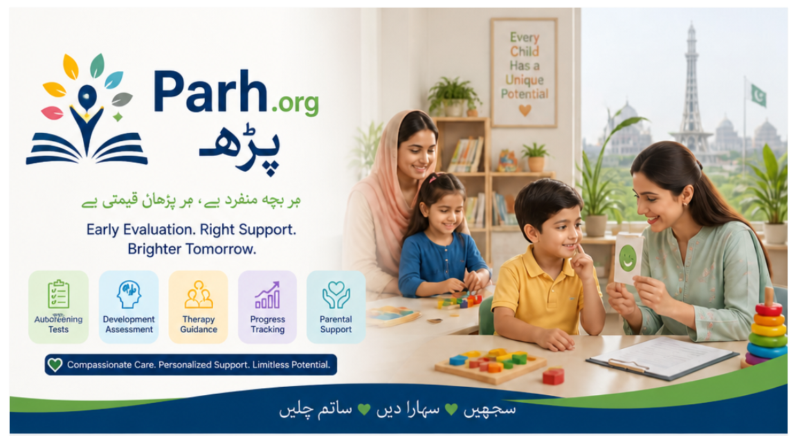 Parh.org — Early Evaluation, Right Support, Brighter Tomorrow. A therapist and mother working with two children.