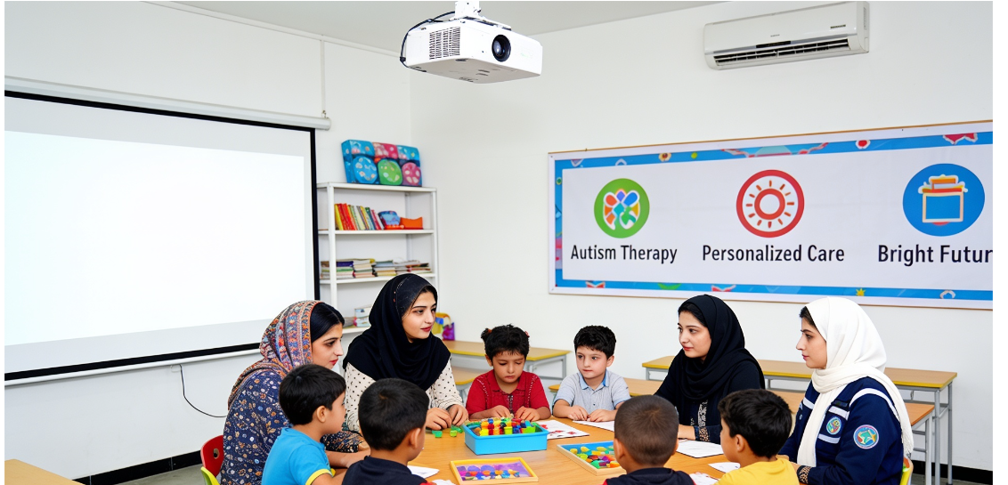 A small group therapy session, with children and specialists working together on guided activities