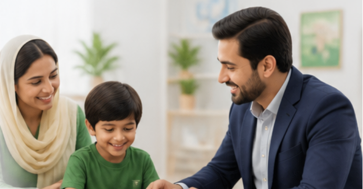 A therapist working with a child and parent
